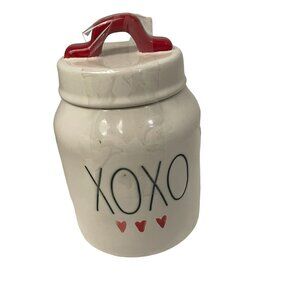 RAE DUNN XOXO 3 Hearts Canister White Artisan Collection‎ Red Handle Lidded 7"